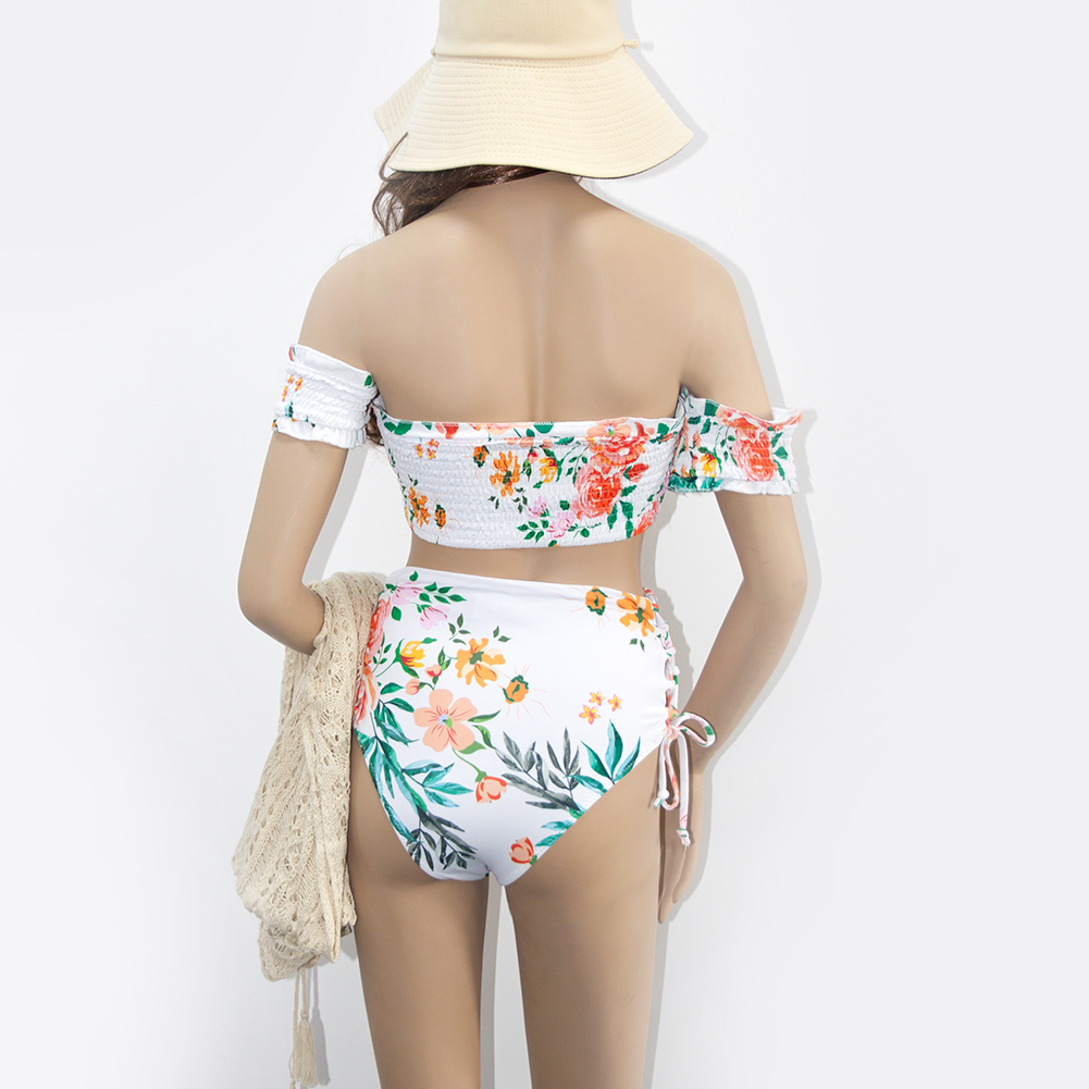 Tropical Floral Two Piece Off The Shoulder Tie Side Bikini Top Swimsuit for Women