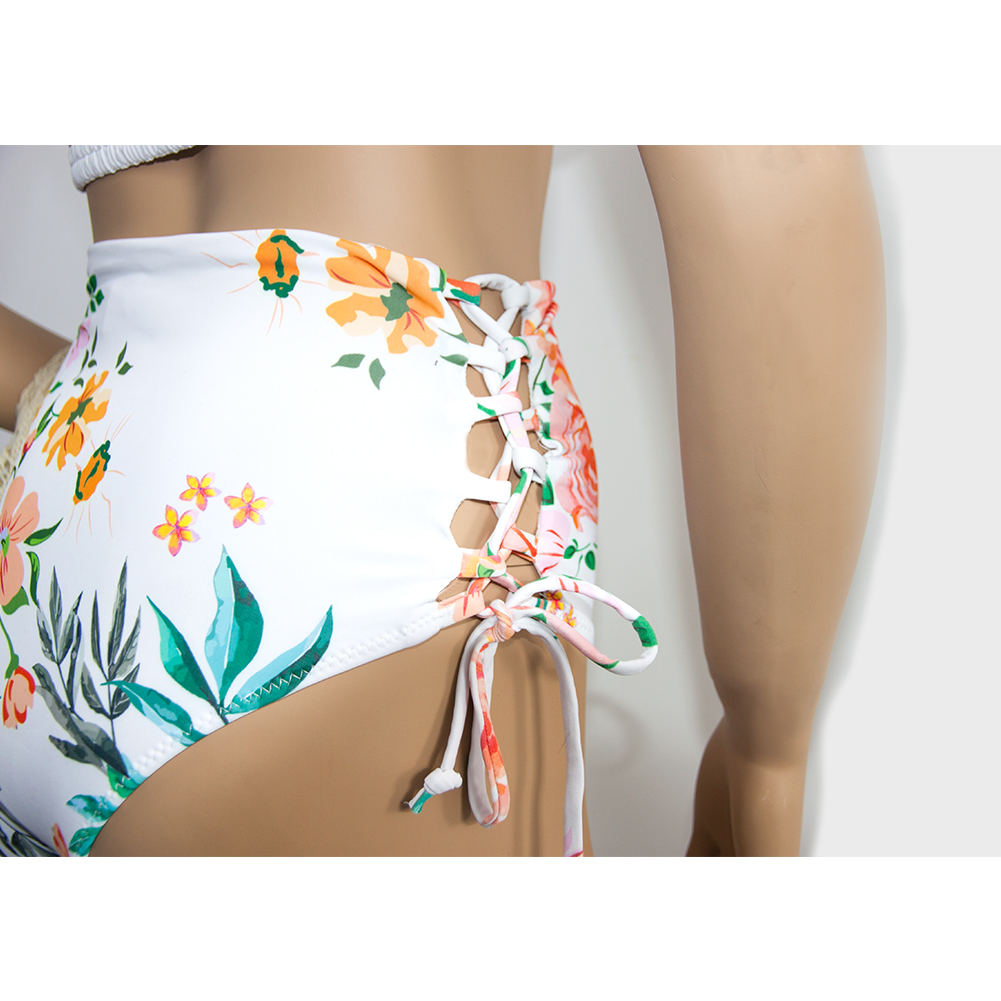 Tropical Floral Two Piece Off The Shoulder Tie Side Bikini Top Swimsuit for Women